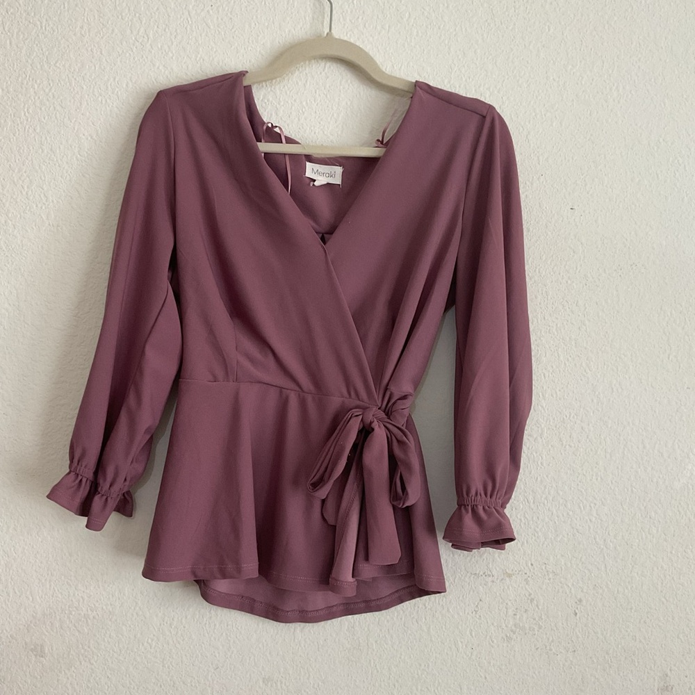 Meraki Purple Flutter Sleeve Wrap Blouse